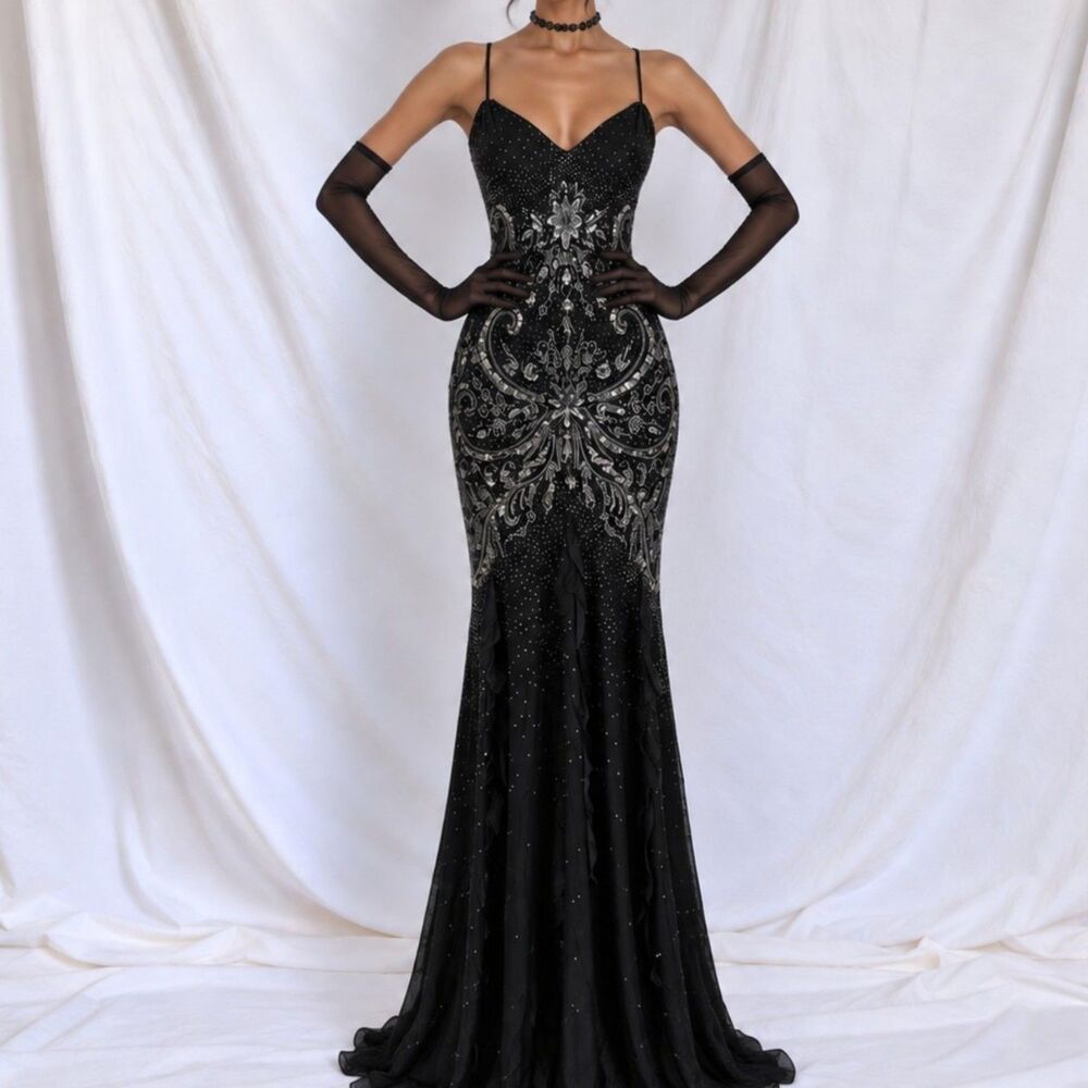 Vintage Y2K Black Gold Beaded Silk Ruffle Fit Flared Maxi Prom Dress Size M/L